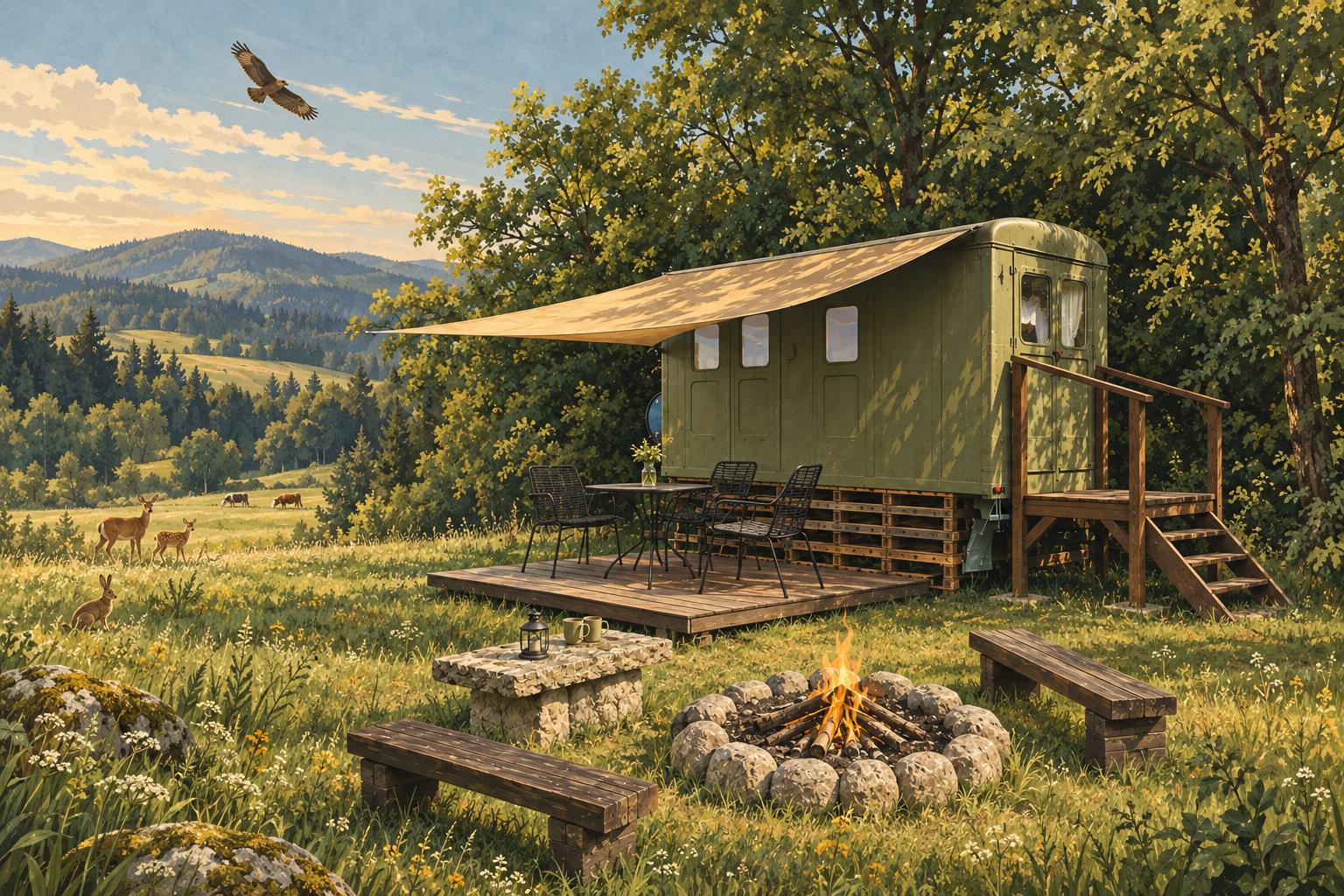 Ilustrace olivové maringotky s markýzou, terasou a ohništěm na louce pod šumavskými kopci, se srnkami a zajícem